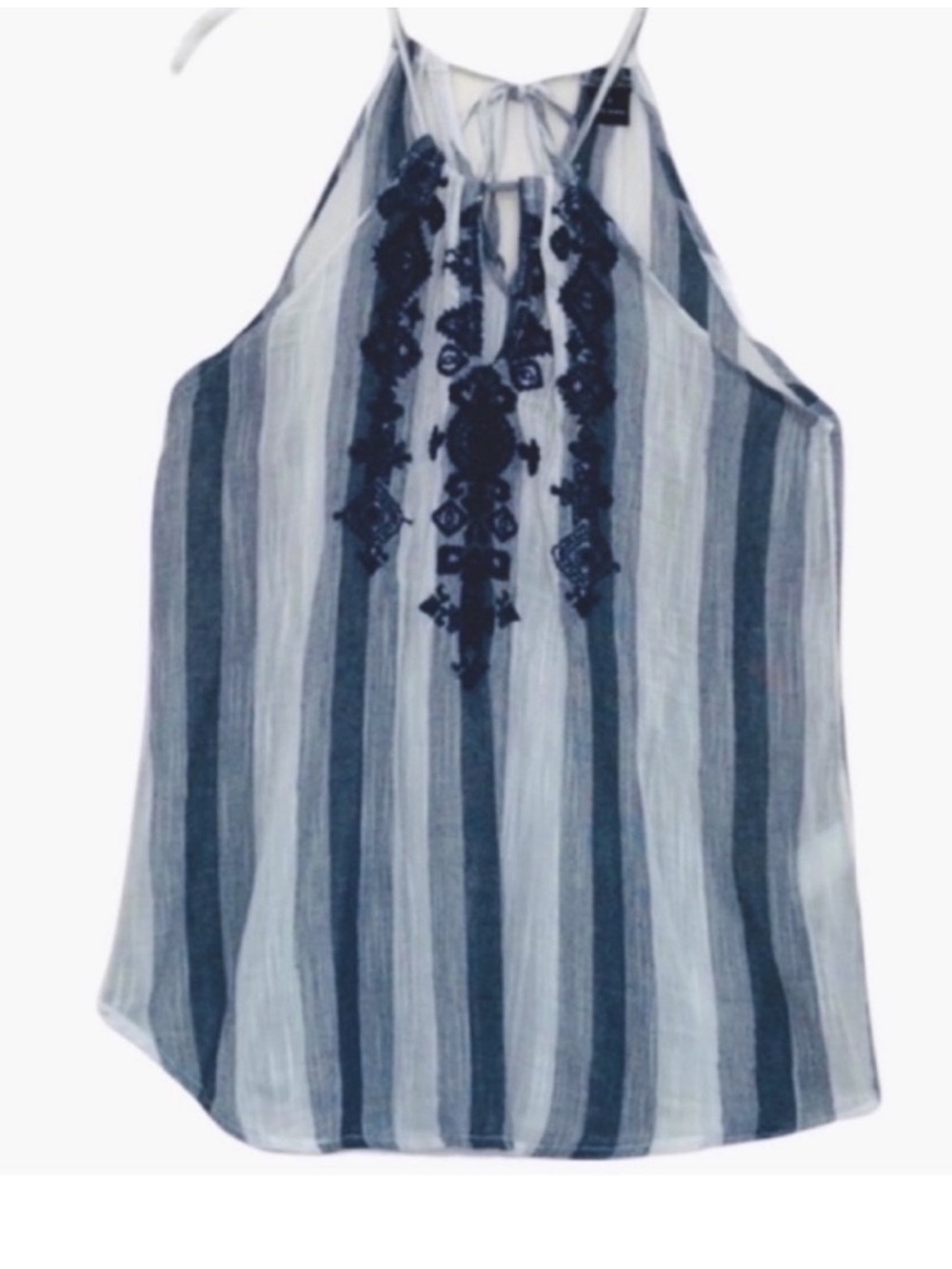 Lucky Brand Embroidered Blouse Halter Tie Cotton Gauze Blue Off White Size S